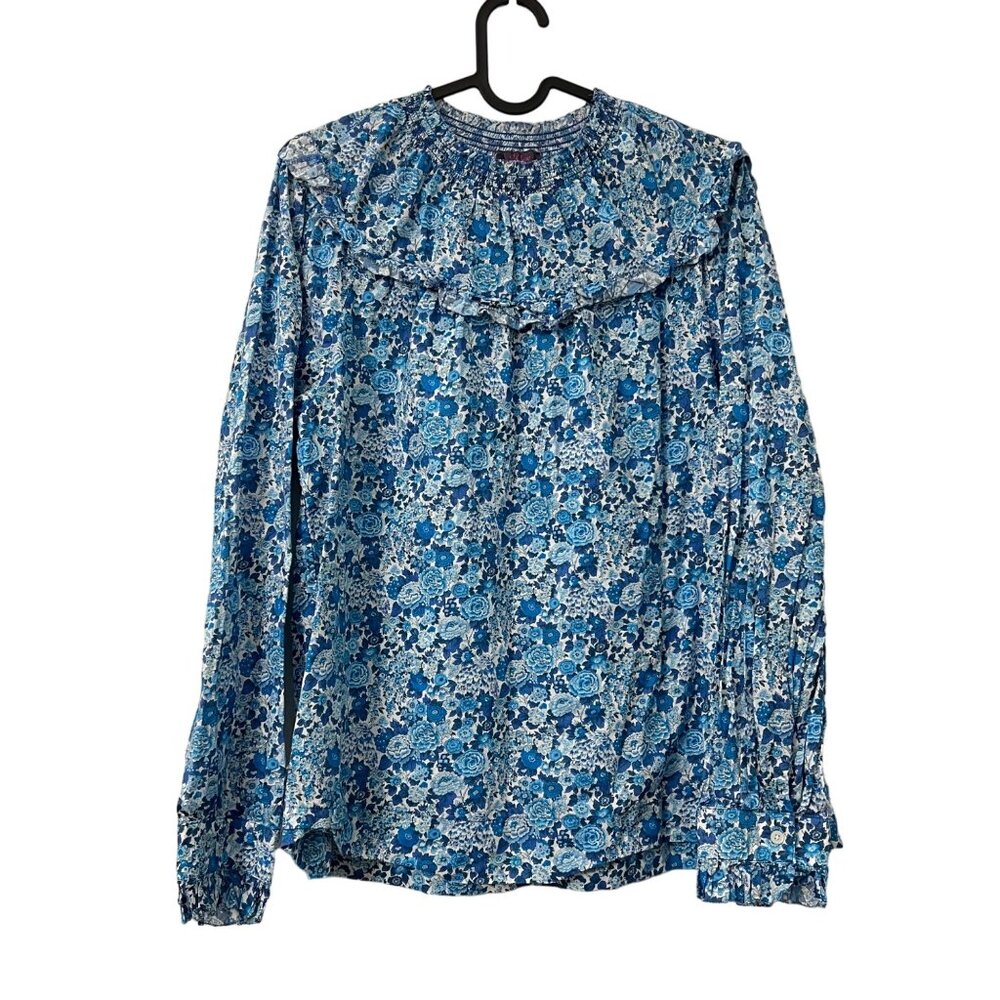 J Crew Liberty Fabric Blue Floral Smocked Long Sleeve Blouse Womens Size Medium
